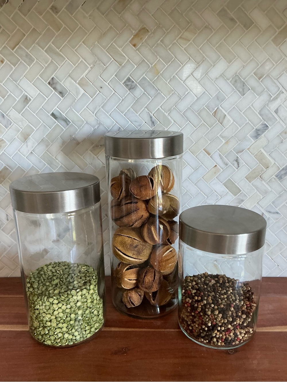 Three Glass Kitchen Storage Jars with Silver Lid - Clear